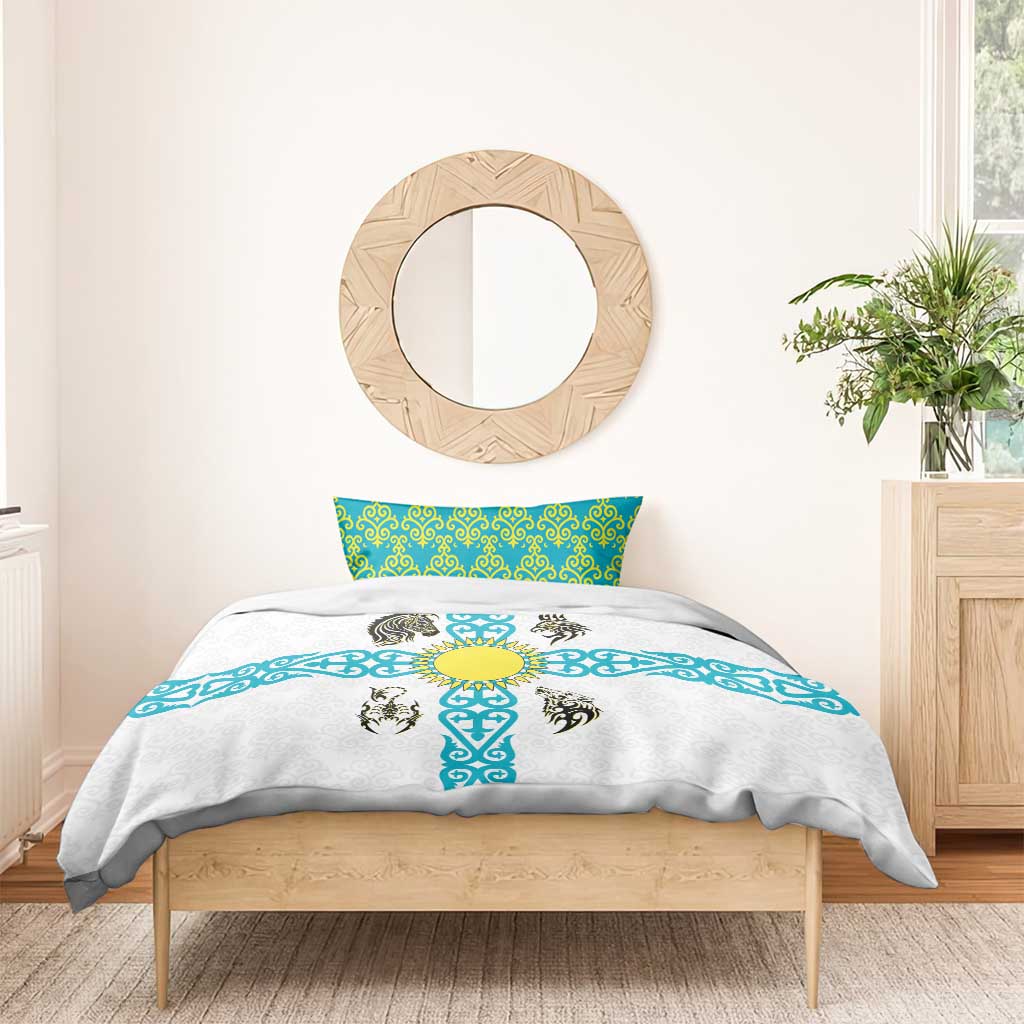 Kazakhstan National Symbols Bedding Set with Tribal Animal Crest and Blue Ethnic Motif on White