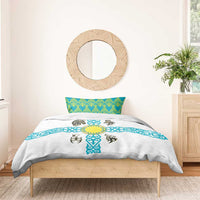 Kazakhstan National Symbols Bedding Set with Tribal Animal Crest and Blue Ethnic Motif on White