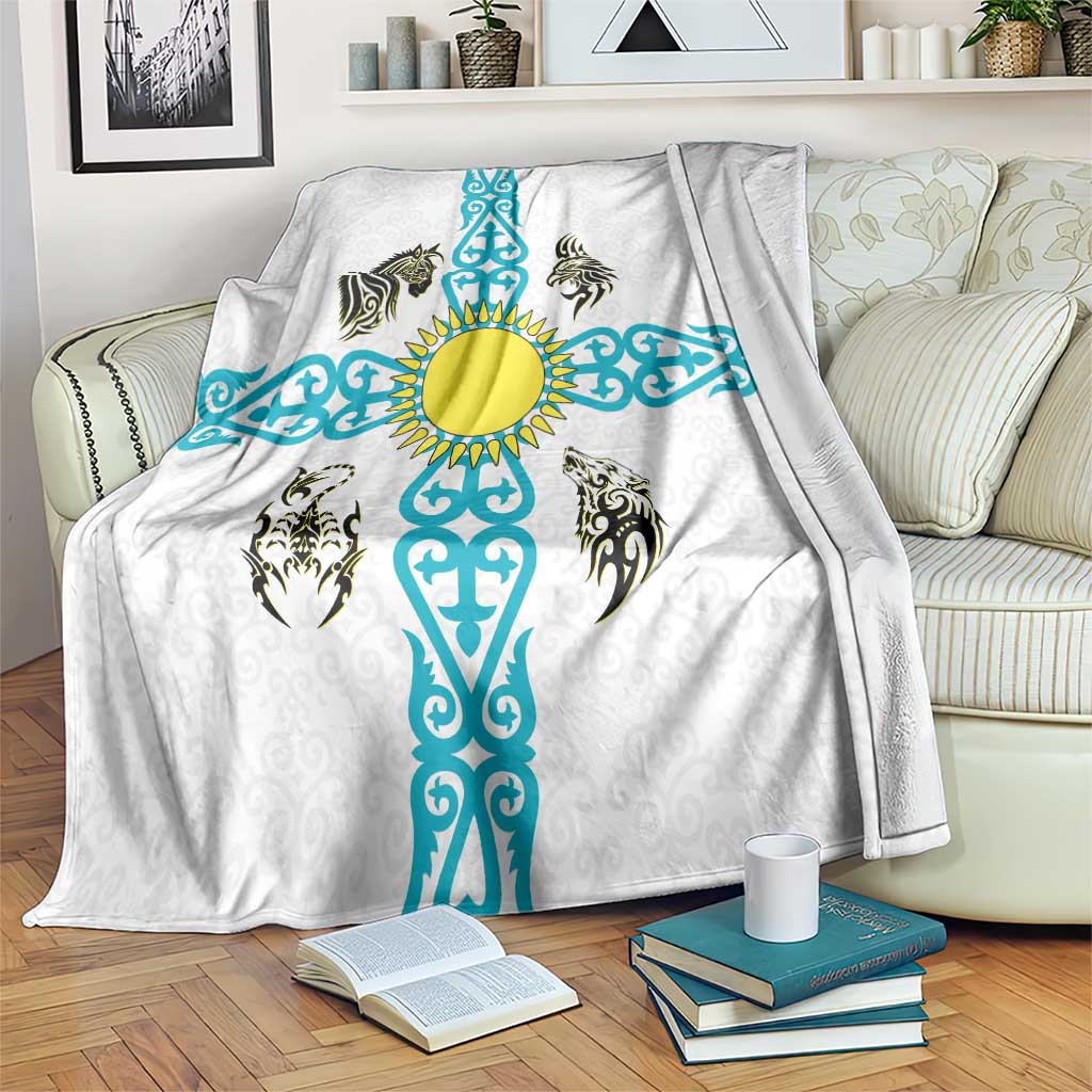 Kazakhstan National Symbols Blanket with Tribal Animal Crest and Blue Ethnic Motif on White
