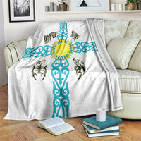 Kazakhstan National Symbols Blanket with Tribal Animal Crest and Blue Ethnic Motif on White