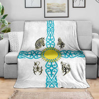 Kazakhstan National Symbols Blanket with Tribal Animal Crest and Blue Ethnic Motif on White