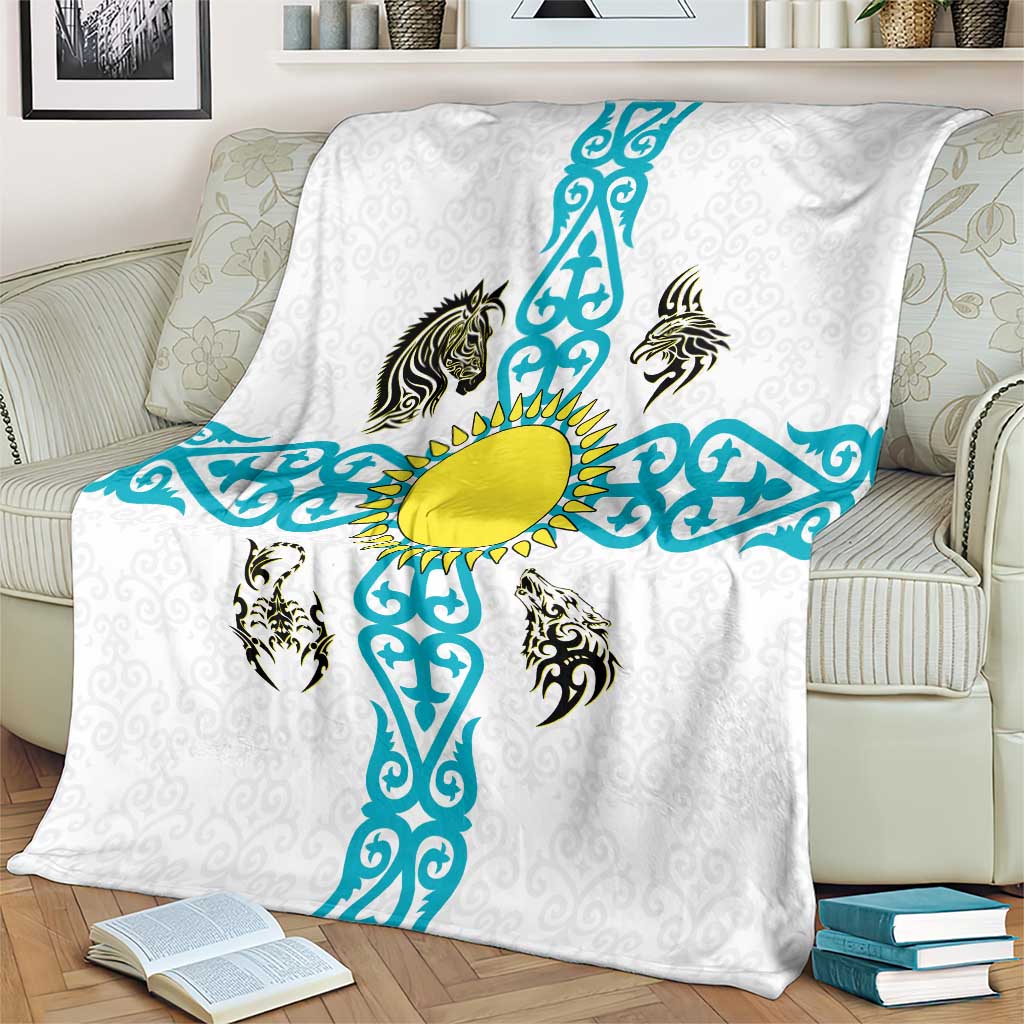 Kazakhstan National Symbols Blanket with Tribal Animal Crest and Blue Ethnic Motif on White