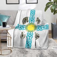 Kazakhstan National Symbols Blanket with Tribal Animal Crest and Blue Ethnic Motif on White
