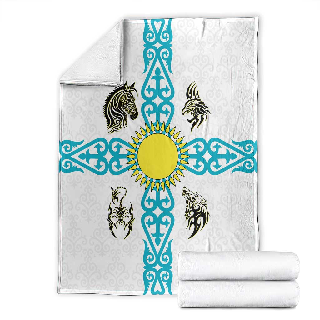 Kazakhstan National Symbols Blanket with Tribal Animal Crest and Blue Ethnic Motif on White