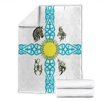 Kazakhstan National Symbols Blanket with Tribal Animal Crest and Blue Ethnic Motif on White