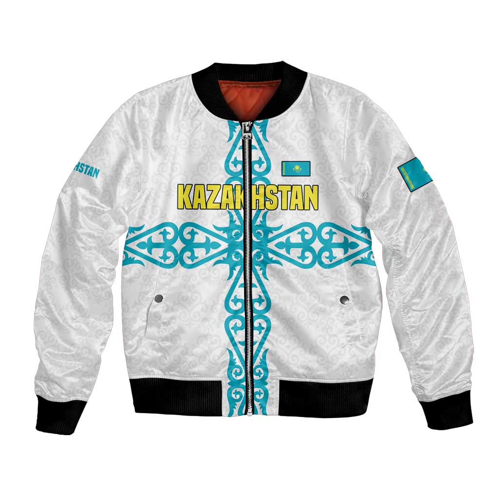 Kazakhstan National Symbols Bomber Jacket with Tribal Animal Crest and Blue Ethnic Motif on White