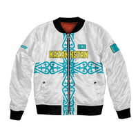 Kazakhstan National Symbols Bomber Jacket with Tribal Animal Crest and Blue Ethnic Motif on White