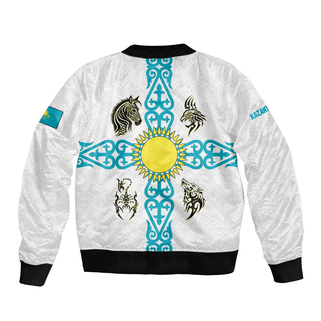 Kazakhstan National Symbols Bomber Jacket with Tribal Animal Crest and Blue Ethnic Motif on White