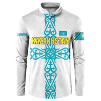Kazakhstan National Symbols Button Sweatshirt with Tribal Animal Crest and Blue Ethnic Motif on White