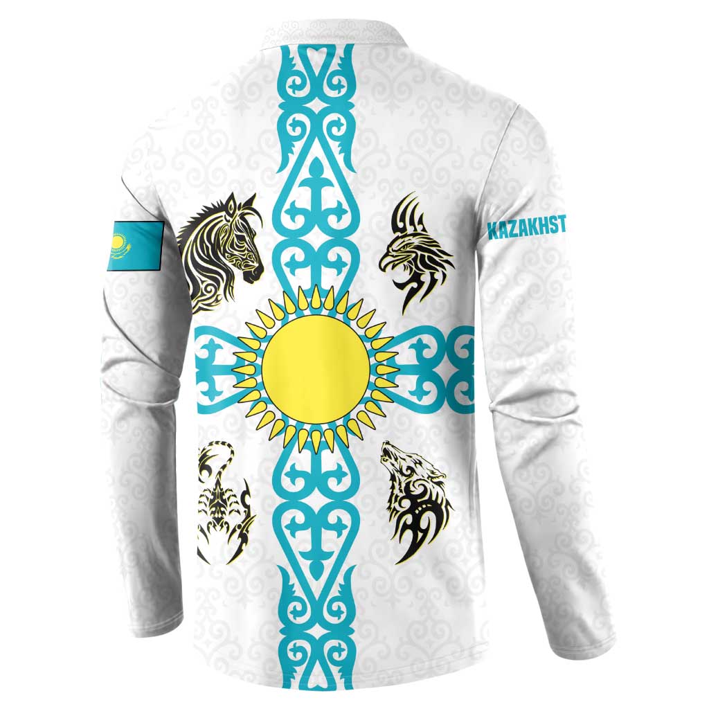 Kazakhstan National Symbols Button Sweatshirt with Tribal Animal Crest and Blue Ethnic Motif on White