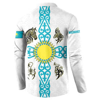 Kazakhstan National Symbols Button Sweatshirt with Tribal Animal Crest and Blue Ethnic Motif on White