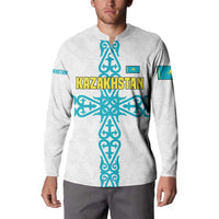 Kazakhstan National Symbols Button Sweatshirt with Tribal Animal Crest and Blue Ethnic Motif on White