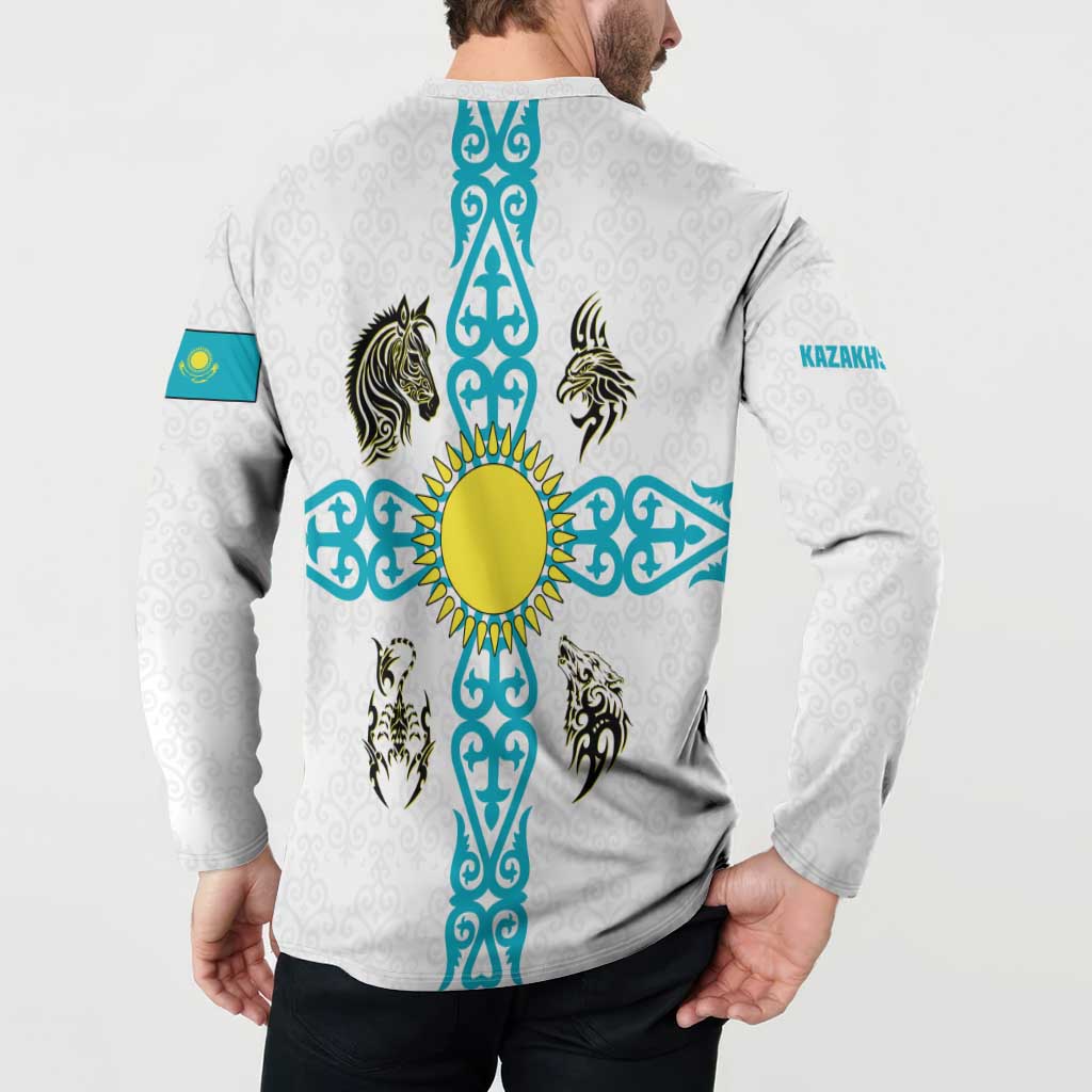 Kazakhstan National Symbols Button Sweatshirt with Tribal Animal Crest and Blue Ethnic Motif on White