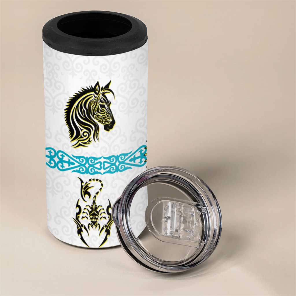 Kazakhstan National Symbols 4 in 1 Can Cooler Tumbler with Tribal Animal Crest and Blue Ethnic Motif on White