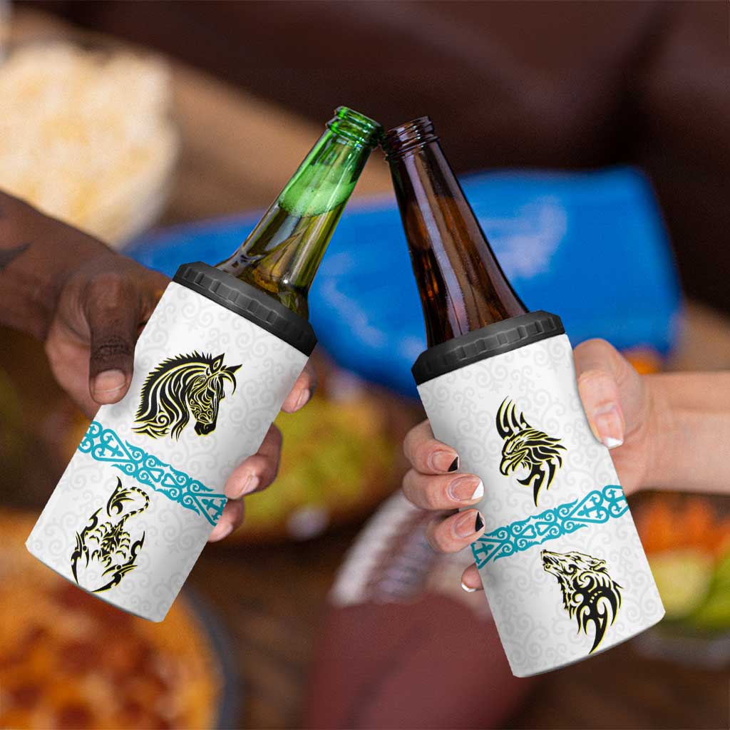 Kazakhstan National Symbols 4 in 1 Can Cooler Tumbler with Tribal Animal Crest and Blue Ethnic Motif on White