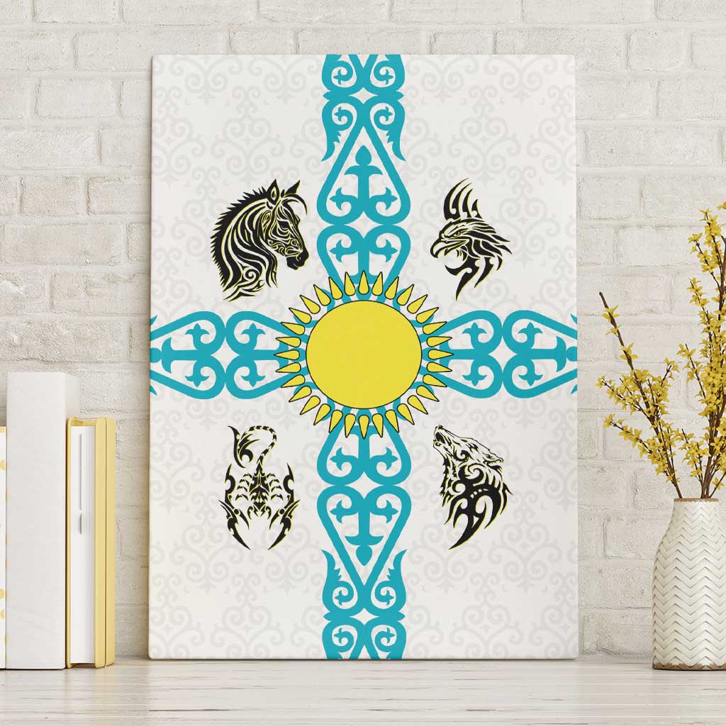 Kazakhstan National Symbols Canvas Wall Art with Tribal Animal Crest and Blue Ethnic Motif on White