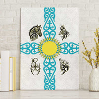Kazakhstan National Symbols Canvas Wall Art with Tribal Animal Crest and Blue Ethnic Motif on White