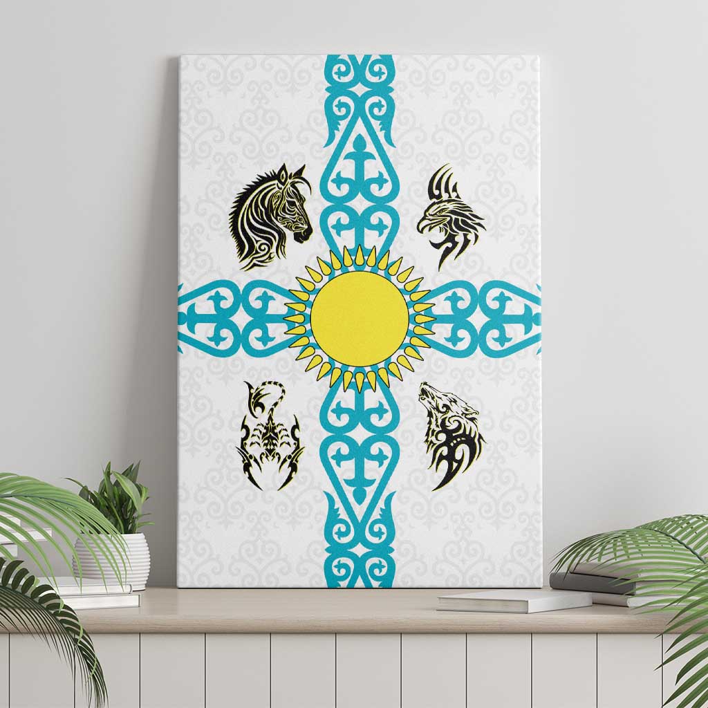 Kazakhstan National Symbols Canvas Wall Art with Tribal Animal Crest and Blue Ethnic Motif on White