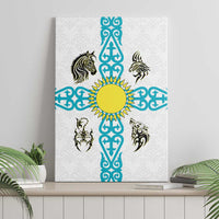 Kazakhstan National Symbols Canvas Wall Art with Tribal Animal Crest and Blue Ethnic Motif on White