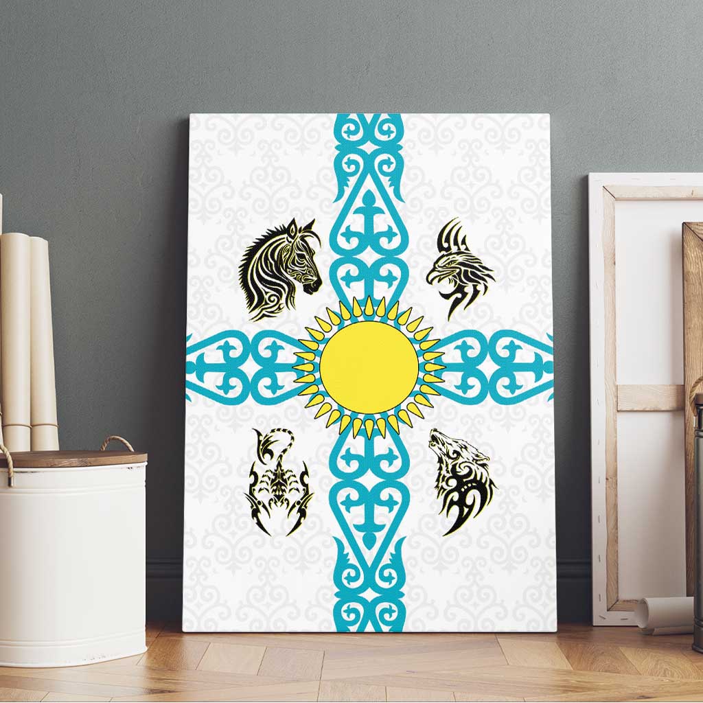 Kazakhstan National Symbols Canvas Wall Art with Tribal Animal Crest and Blue Ethnic Motif on White