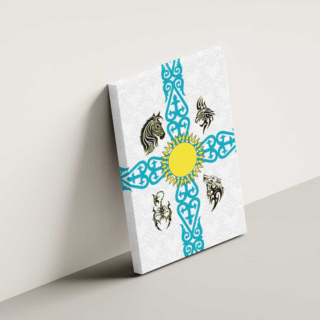 Kazakhstan National Symbols Canvas Wall Art with Tribal Animal Crest and Blue Ethnic Motif on White