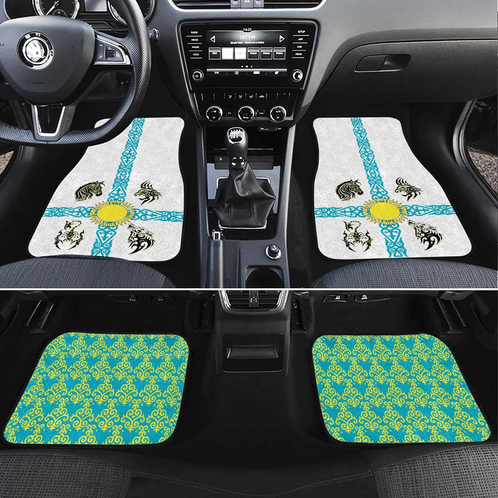 Kazakhstan National Symbols Car Mats with Tribal Animal Crest and Blue Ethnic Motif on White