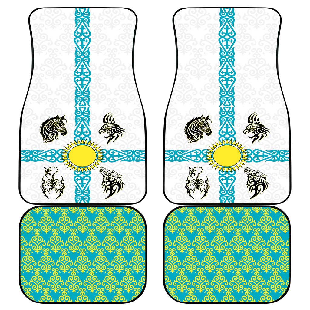 Kazakhstan National Symbols Car Mats with Tribal Animal Crest and Blue Ethnic Motif on White