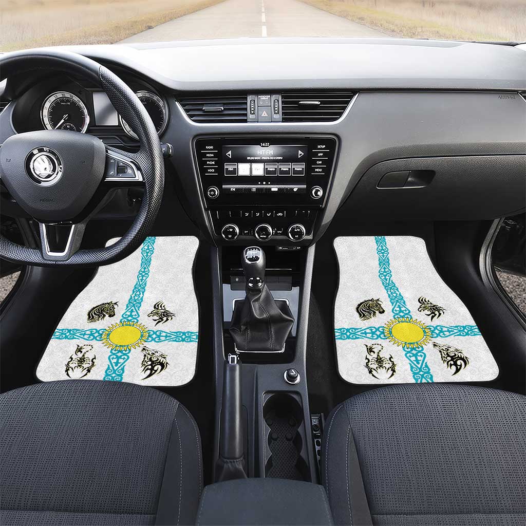 Kazakhstan National Symbols Car Mats with Tribal Animal Crest and Blue Ethnic Motif on White