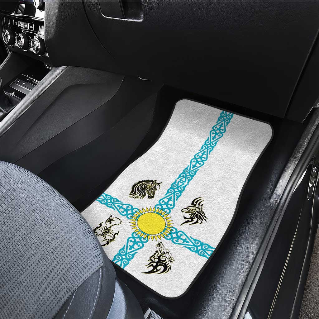Kazakhstan National Symbols Car Mats with Tribal Animal Crest and Blue Ethnic Motif on White