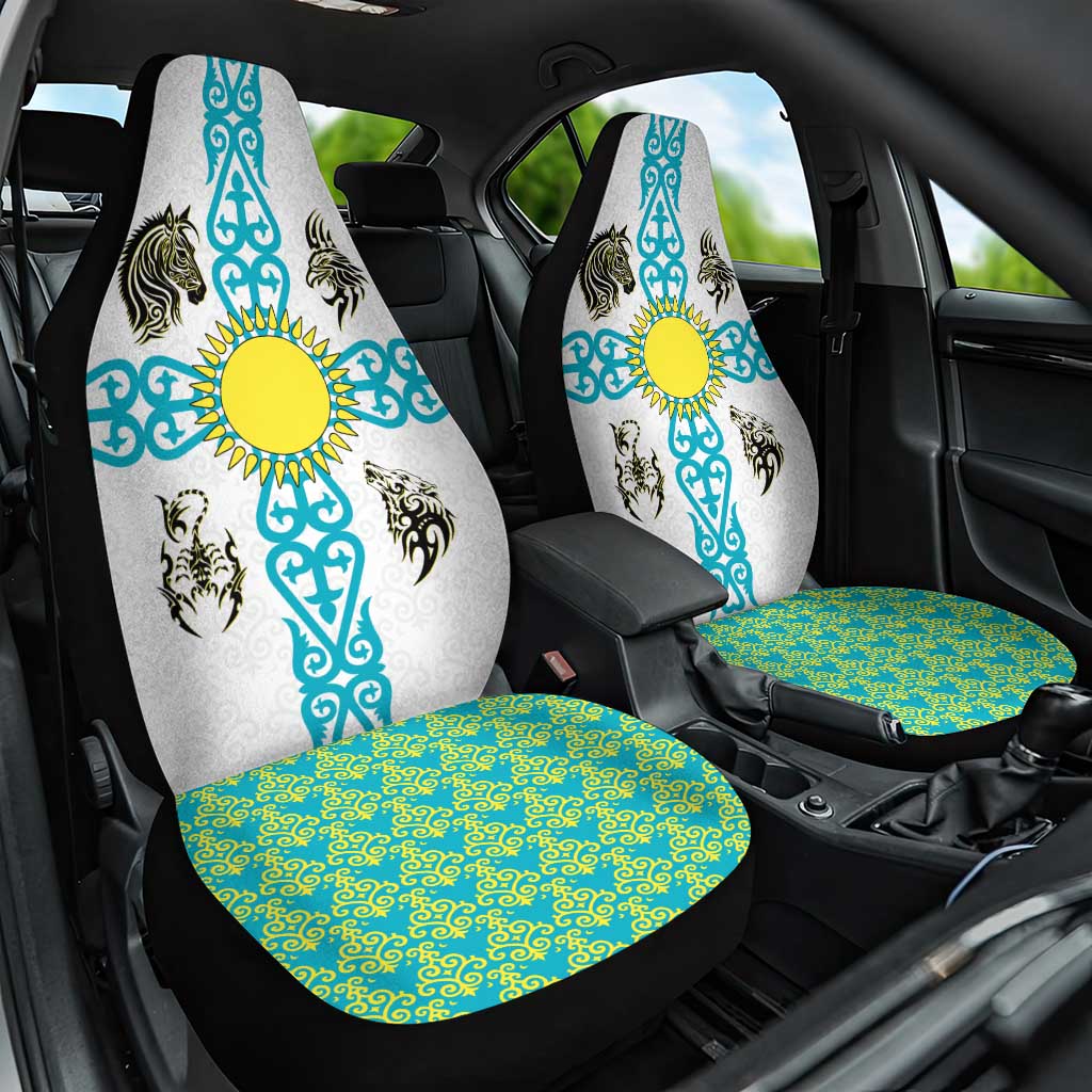 Kazakhstan National Symbols Car Seat Cover with Tribal Animal Crest and Blue Ethnic Motif on White