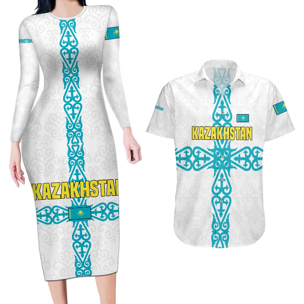 Kazakhstan National Symbols Couples Matching Long Sleeve Bodycon Dress and Hawaiian Shirt with Tribal Animal Crest and Blue Ethnic Motif on White
