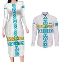 Kazakhstan National Symbols Couples Matching Long Sleeve Bodycon Dress and Long Sleeve Button Shirt with Tribal Animal Crest and Blue Ethnic Motif on White