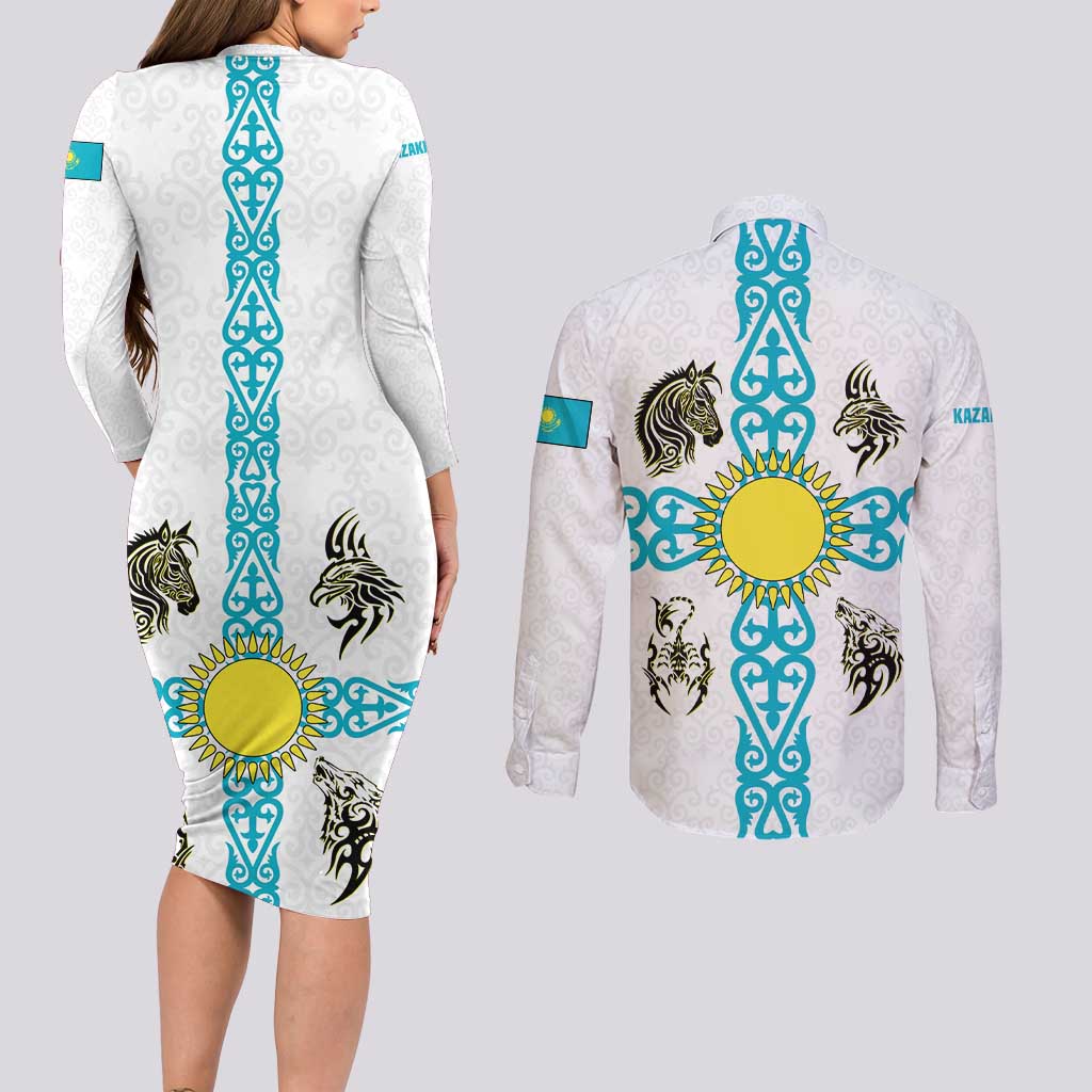 Kazakhstan National Symbols Couples Matching Long Sleeve Bodycon Dress and Long Sleeve Button Shirt with Tribal Animal Crest and Blue Ethnic Motif on White