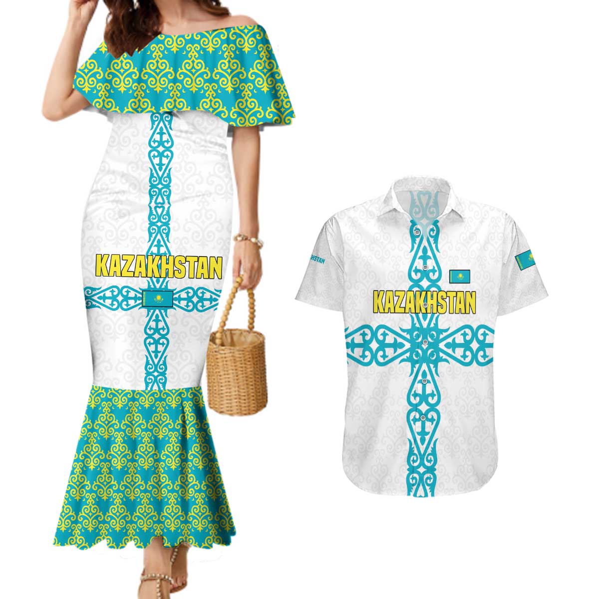 Kazakhstan National Symbols Couples Matching Mermaid Dress and Hawaiian Shirt with Tribal Animal Crest and Blue Ethnic Motif on White