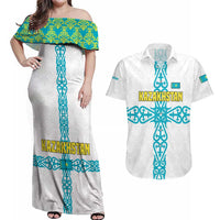 Kazakhstan National Symbols Couples Matching Off Shoulder Maxi Dress and Hawaiian Shirt with Tribal Animal Crest and Blue Ethnic Motif on White