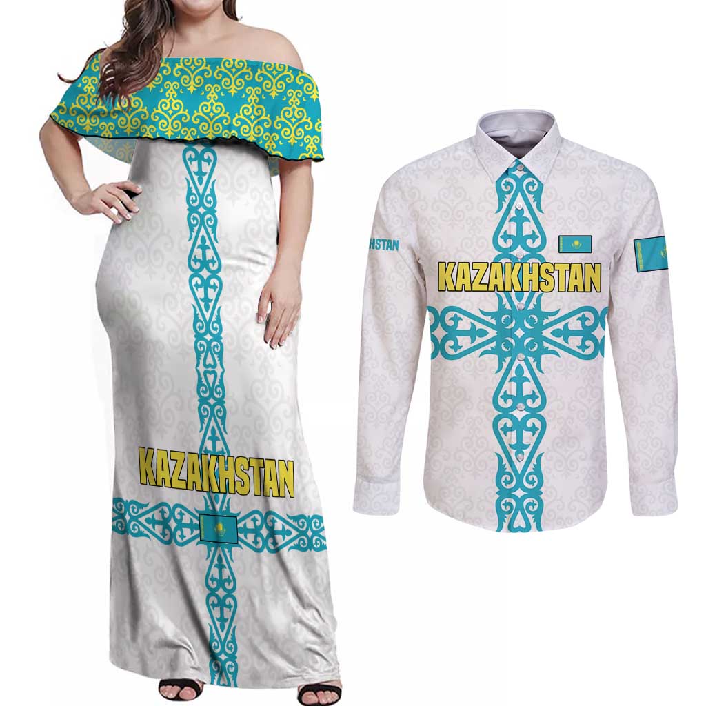 Kazakhstan National Symbols Couples Matching Off Shoulder Maxi Dress and Long Sleeve Button Shirt with Tribal Animal Crest and Blue Ethnic Motif on White