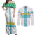Kazakhstan National Symbols Couples Matching Off Shoulder Maxi Dress and Long Sleeve Button Shirt with Tribal Animal Crest and Blue Ethnic Motif on White
