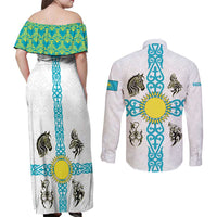 Kazakhstan National Symbols Couples Matching Off Shoulder Maxi Dress and Long Sleeve Button Shirt with Tribal Animal Crest and Blue Ethnic Motif on White