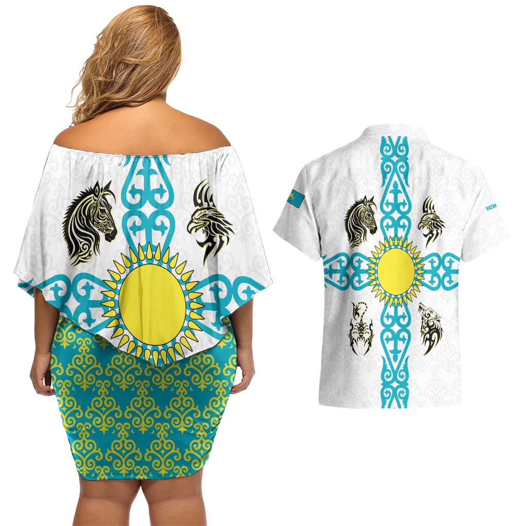 Kazakhstan National Symbols Couples Matching Off Shoulder Short Dress and Hawaiian Shirt with Tribal Animal Crest and Blue Ethnic Motif on White