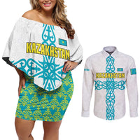 Kazakhstan National Symbols Couples Matching Off Shoulder Short Dress and Long Sleeve Button Shirt with Tribal Animal Crest and Blue Ethnic Motif on White