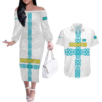 Kazakhstan National Symbols Couples Matching Off The Shoulder Long Sleeve Dress and Hawaiian Shirt with Tribal Animal Crest and Blue Ethnic Motif on White