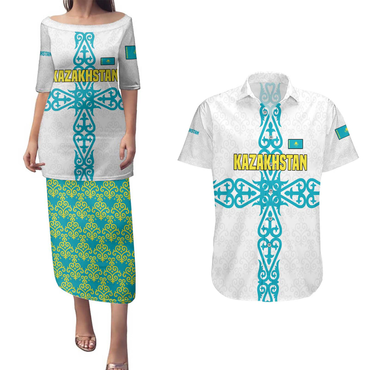 Kazakhstan National Symbols Couples Matching Puletasi and Hawaiian Shirt with Tribal Animal Crest and Blue Ethnic Motif on White
