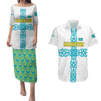 Kazakhstan National Symbols Couples Matching Puletasi and Hawaiian Shirt with Tribal Animal Crest and Blue Ethnic Motif on White