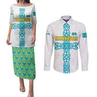 Kazakhstan National Symbols Couples Matching Puletasi and Long Sleeve Button Shirt with Tribal Animal Crest and Blue Ethnic Motif on White