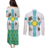 Kazakhstan National Symbols Couples Matching Puletasi and Long Sleeve Button Shirt with Tribal Animal Crest and Blue Ethnic Motif on White