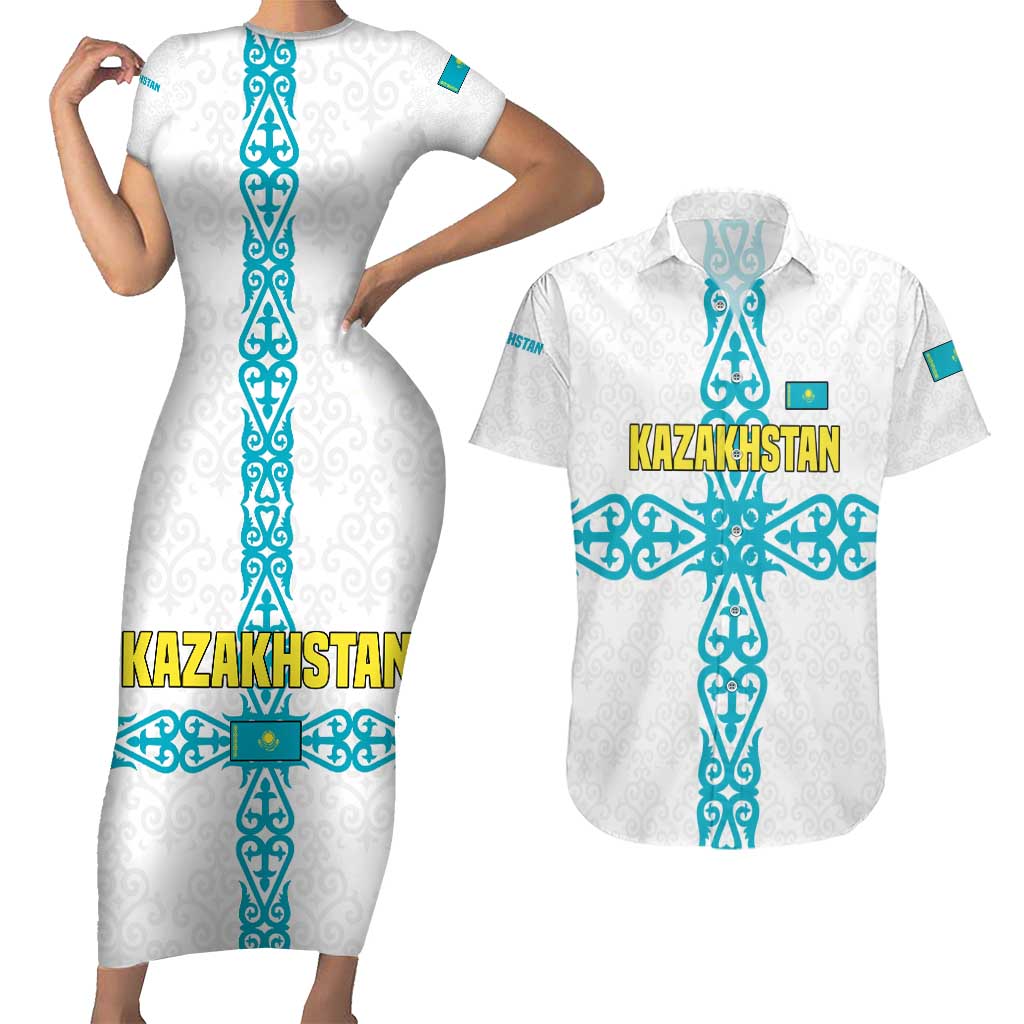 Kazakhstan National Symbols Couples Matching Short Sleeve Bodycon Dress and Hawaiian Shirt with Tribal Animal Crest and Blue Ethnic Motif on White
