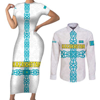 Kazakhstan National Symbols Couples Matching Short Sleeve Bodycon Dress and Long Sleeve Button Shirt with Tribal Animal Crest and Blue Ethnic Motif on White