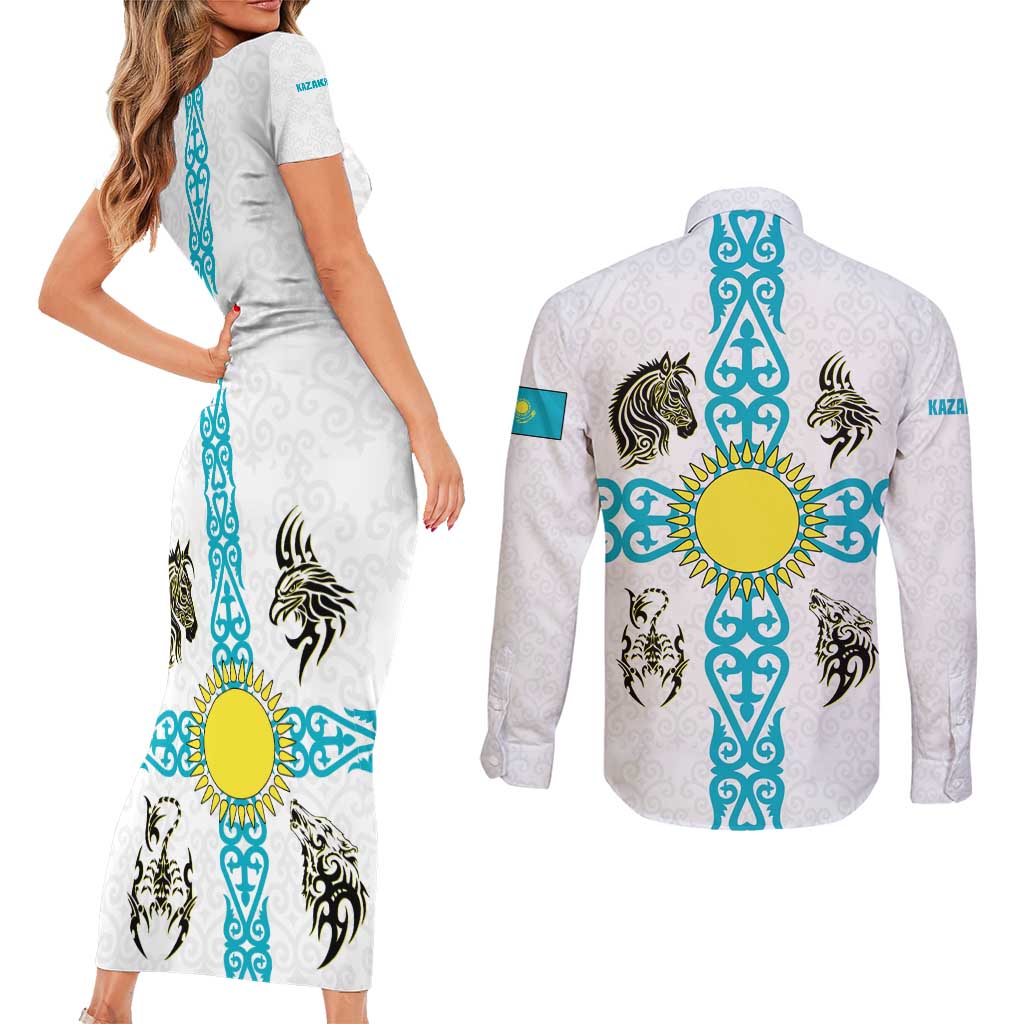 Kazakhstan National Symbols Couples Matching Short Sleeve Bodycon Dress and Long Sleeve Button Shirt with Tribal Animal Crest and Blue Ethnic Motif on White