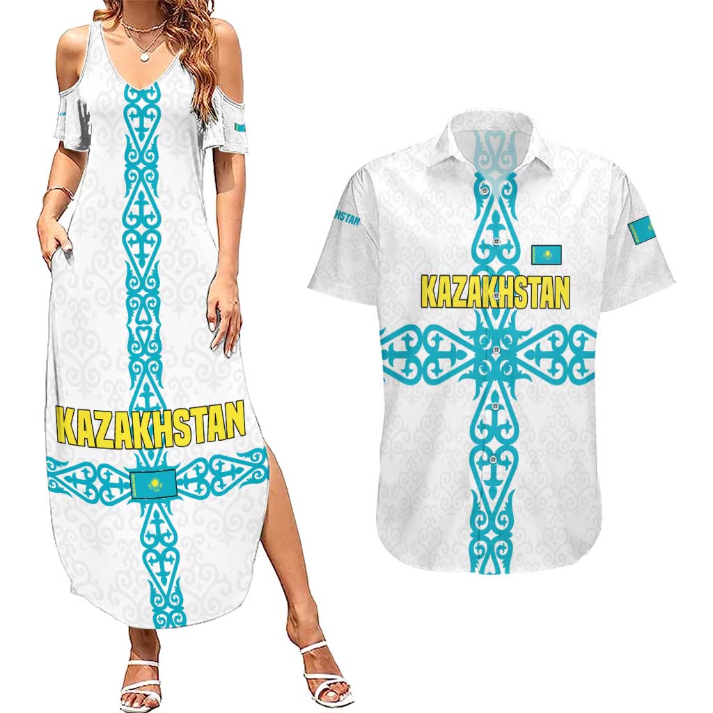 Kazakhstan National Symbols Couples Matching Summer Maxi Dress and Hawaiian Shirt with Tribal Animal Crest and Blue Ethnic Motif on White