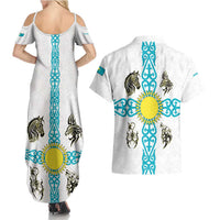 Kazakhstan National Symbols Couples Matching Summer Maxi Dress and Hawaiian Shirt with Tribal Animal Crest and Blue Ethnic Motif on White